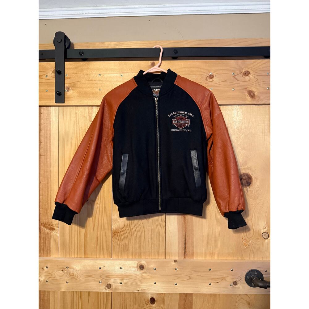 Harley-Davidson Black Bomber Jacket with Brown Leather Sleeves - Kids